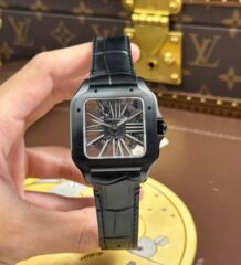 Cartier Santos Knock Off Watches Skeleton Dial Leather Strap Black 39.8mm