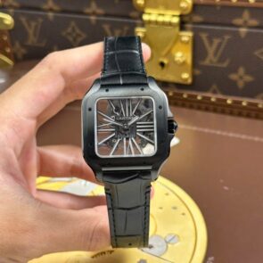 Cartier Santos Knock Off Watches Skeleton Dial Leather Strap Black 39.8mm