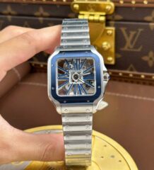 Cartier Santos Luxury Fake Watches Skeleton Dial Bezel Blue 39.8mm