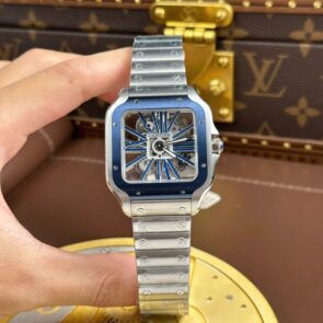 Cartier Santos Luxury Fake Watches Skeleton Dial Bezel Blue 39.8mm