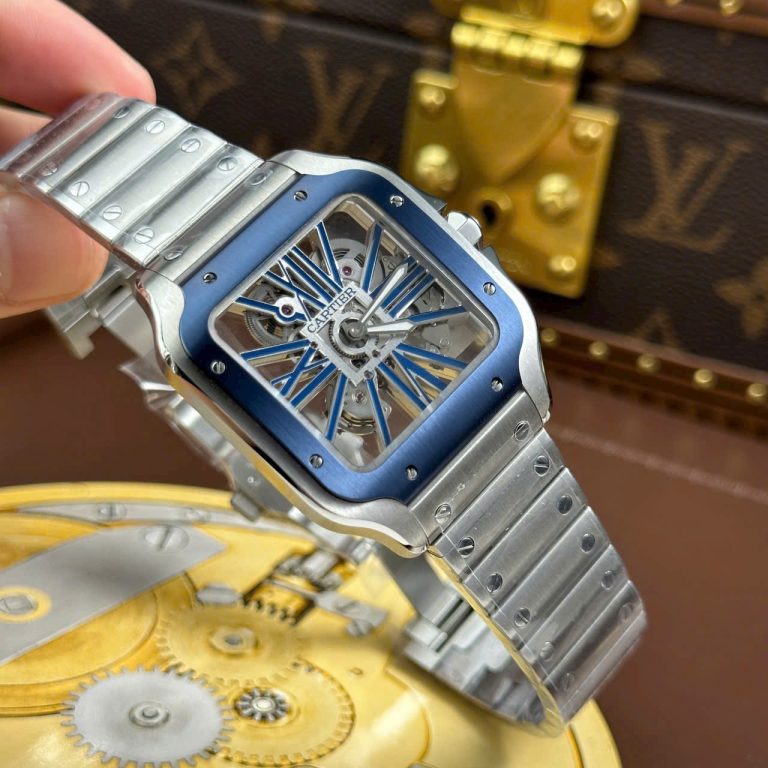 Cartier Santos Luxury Fake Watches Skeleton Dial Bezel Blue 39.8mm