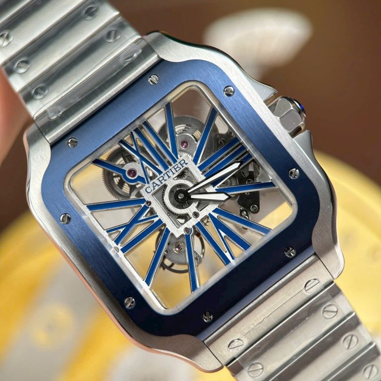 Cartier Santos Luxury Fake Watches Skeleton Dial Bezel Blue 39.8mm