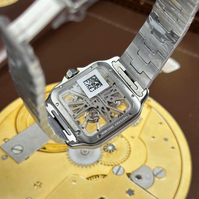 Cartier Santos Luxury Fake Watches Skeleton Dial Bezel Blue 39.8mm