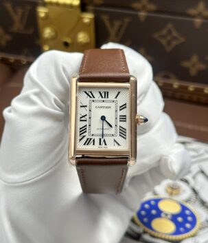 Cartier Tank Louis Copies Watches White Dial Leather Strap Brown 27.8×38.1mm