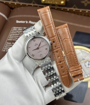 Omega De Ville Prestige Luxury Imitation Watches Sandblasted Pink Dial Automatic Movement 34mm