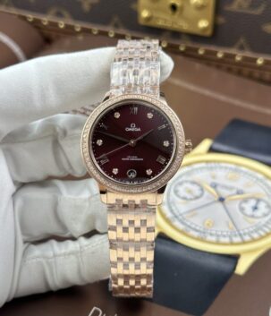 Omega De Ville Prestige Replica Watches Burgundy Dial Automatic Movement 34mm