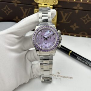 Rolex Daytona Replica Watches Mother Of Pearl Purple Dial Bezel Stone CZ 40mm