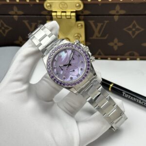Rolex Daytona Replica Watches Mother Of Pearl Purple Dial Bezel Stone CZ 40mm
