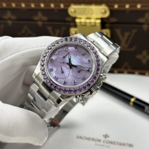 Rolex Daytona Replica Watches Mother Of Pearl Purple Dial Bezel Stone CZ 40mm