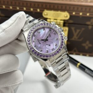 Rolex Daytona Replica Watches Mother Of Pearl Purple Dial Bezel Stone CZ 40mm