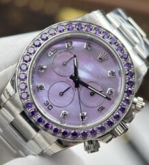 Rolex Daytona Replica Watches Mother Of Pearl Purple Dial Bezel Stone CZ 40mm