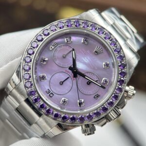 Rolex Daytona Replica Watches Mother Of Pearl Purple Dial Bezel Stone CZ 40mm