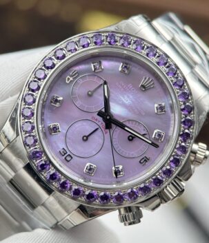 Rolex Daytona Replica Watches Mother Of Pearl Purple Dial Bezel Stone CZ 40mm