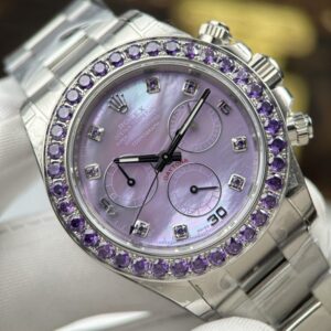 Rolex Daytona Replica Watches Mother Of Pearl Purple Dial Bezel Stone CZ 40mm